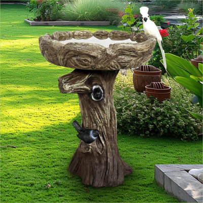 Bains d'oiseaux | Baignoire pour oiseaux de jardin en béton d'aspect bois de 23 po de hauteur pour cour de jardin | Ciment béton | Gris