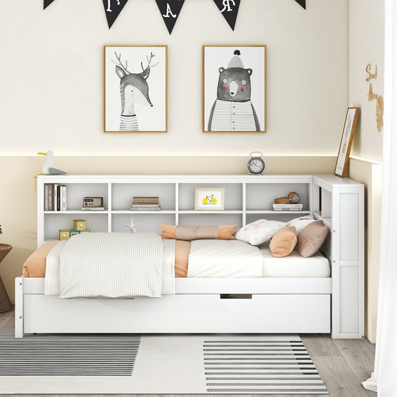 Lit de jour en bois simple avec lit gigogne simple, Lit simple, Blanc