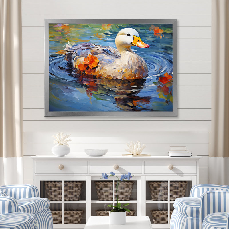 «Duck At The Pond I» - Art mural animal canard, Cadre de coin fermé argenté, H 24 po x l 32 po x P 1 po