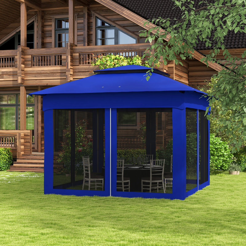 Auvent escamotable 11 pi x 11 pi, abri de patio extérieur avec filet amovible, tente instantanée, arrière-cour bleue