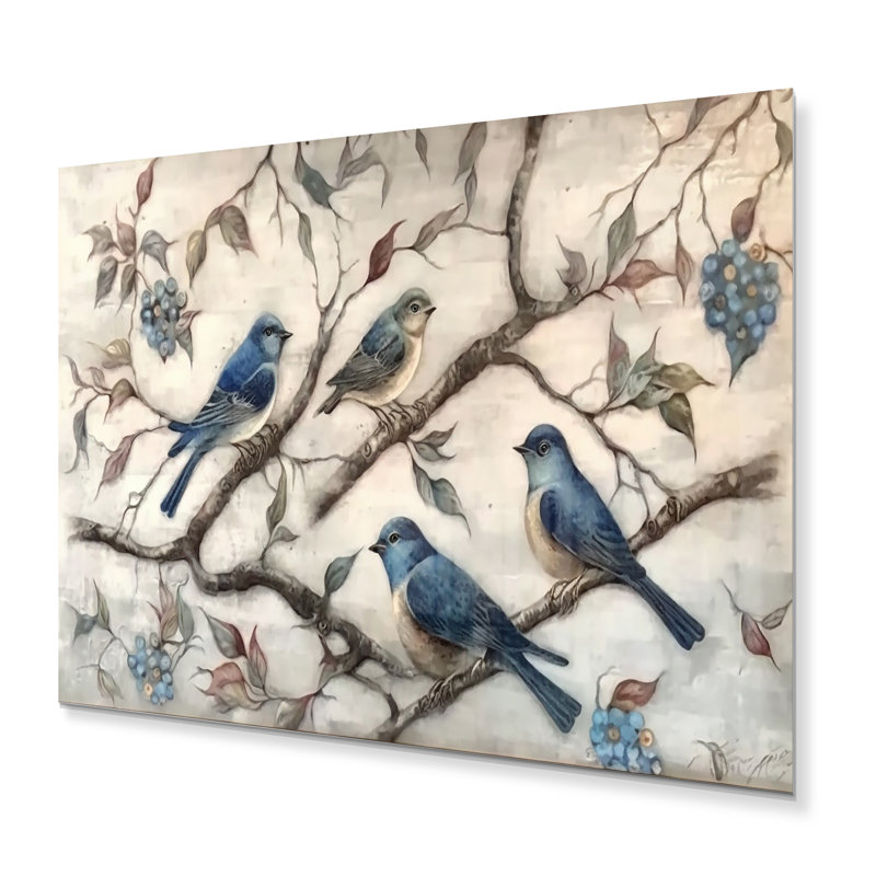 Décoration murale en métal «Quatre oiseaux bleus sur une branche II», H 12 po x l 20 po x P 1 po