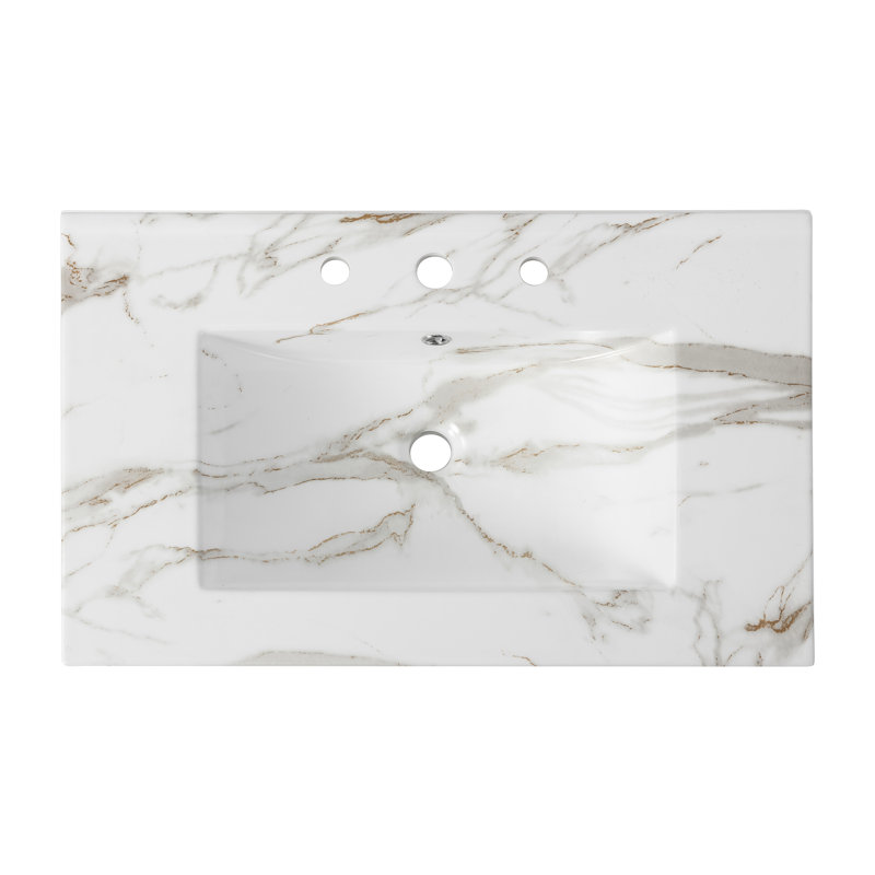 Ancillary 3-Hole 30 in. W x 18.25 in. D Classic Contemporary Rectangular Glossy Ceramic Single Sink Basin Bathroom Vanity Top, White Marble Effect