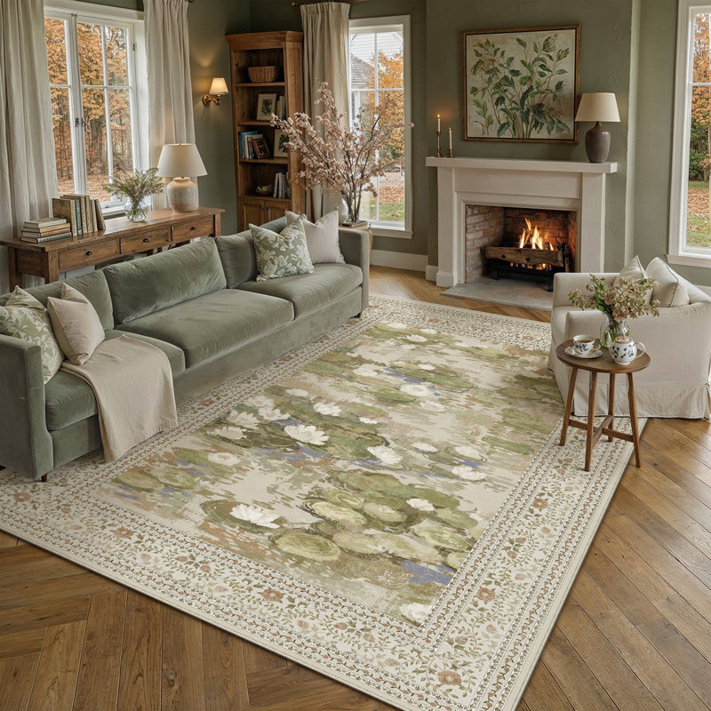 Aura Waterlily Art Machine Washable Area Rug, Beige, Rectangle 8' x 10'