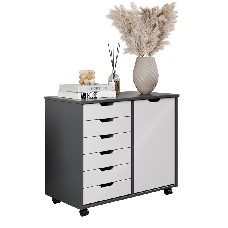 SOLID WOOD ROLL CART STORAGE CHEST GRAY & WHITE, White/Grey