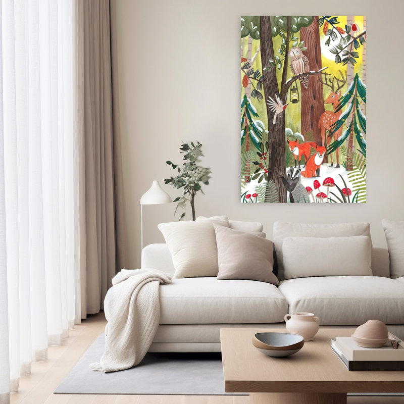 Art contemporain contemporain, oiseau, cerf, renard, forêt, paysage, H 60 po x l 40 po