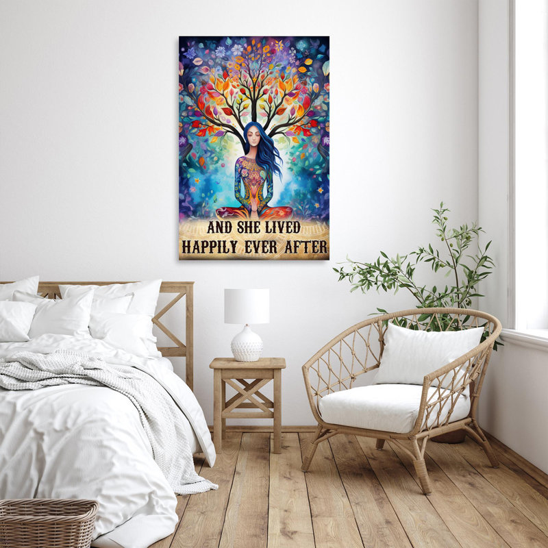 «Yoga And She Lived Happily», reproduction d'art graphique sur toile tendue, H 36 po x l 24 po x P 1,25 po