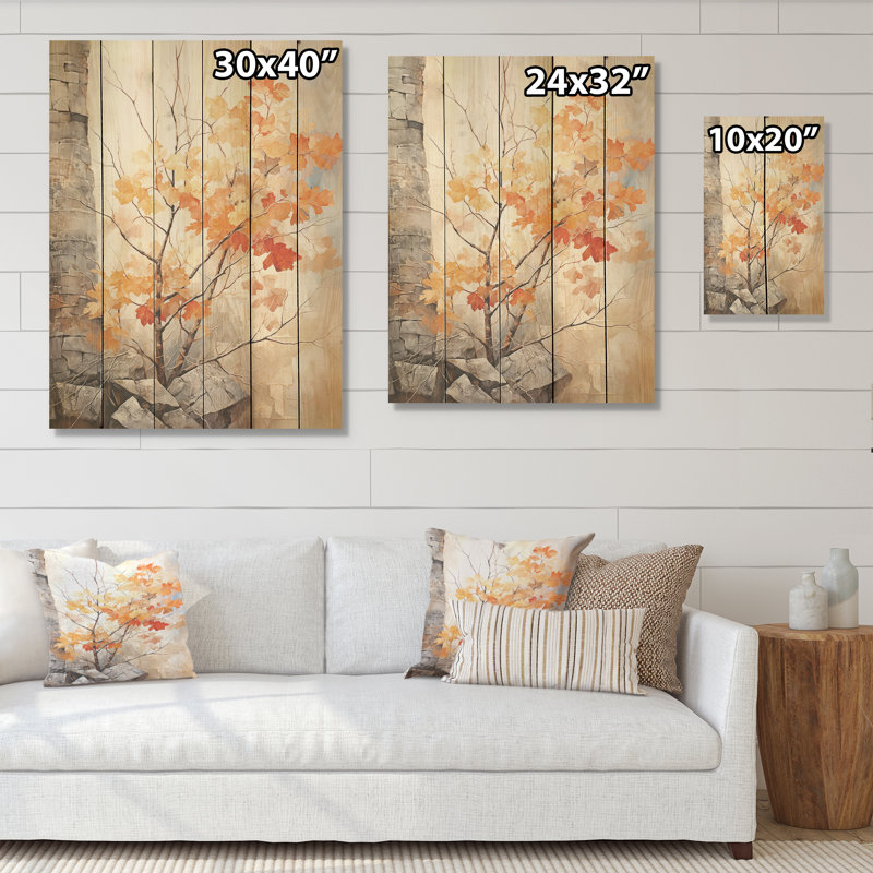 Feuillage abstrait érable pêche I - arbre érable, art sur bois de pin naturel, H 20 po x l 10 po