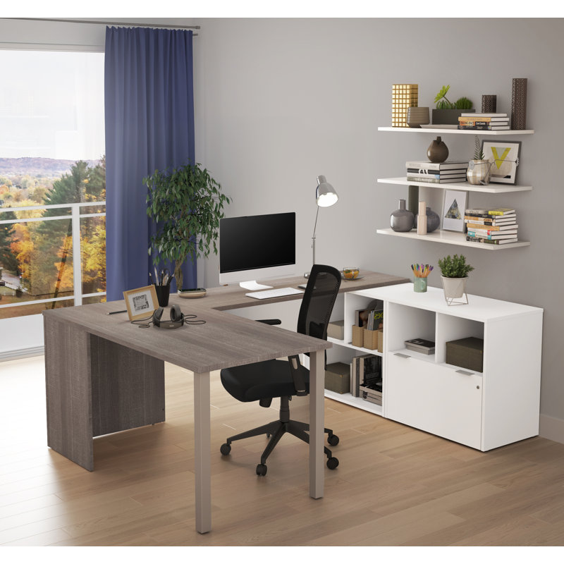 Bureau de direction en U réversible Azpurua, Gris écorce et blanc