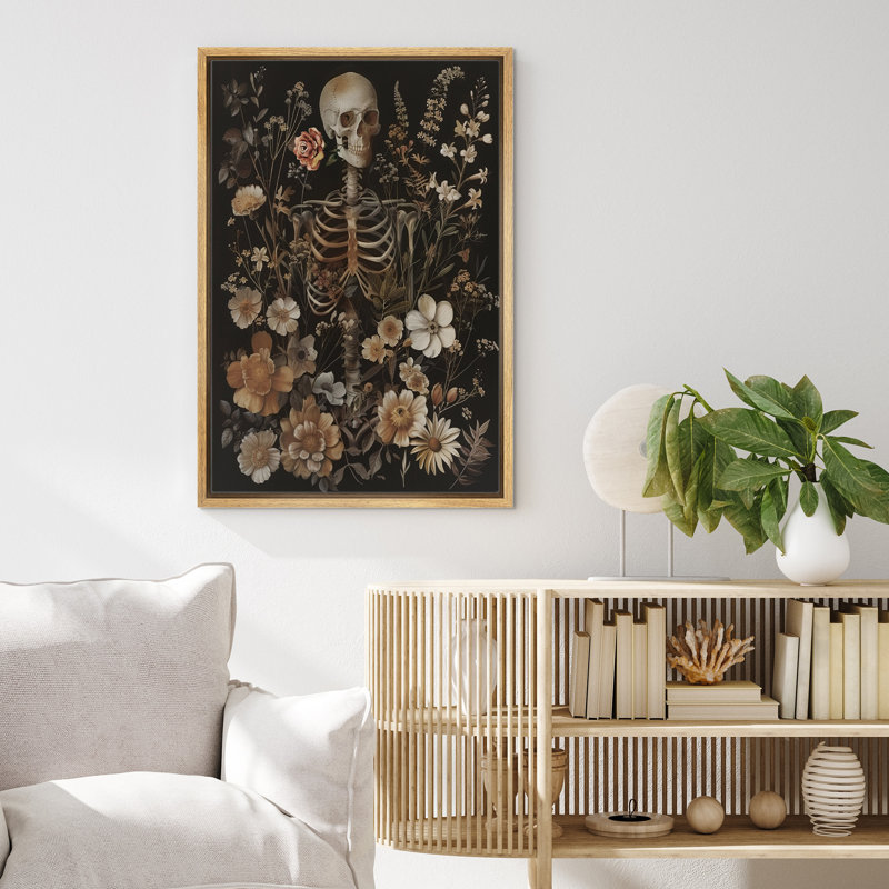 Halloween " Moody Gothic Human Skull Sketelon Dark Floral Botanical Artwork Paintings ", 24" H x 16" W, Natural 