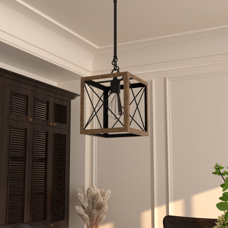 Luminaire suspendu carré / rectangulaire à 1 lumière pour îlot de cuisine Darlington, Bois de pin / zinc vieilli