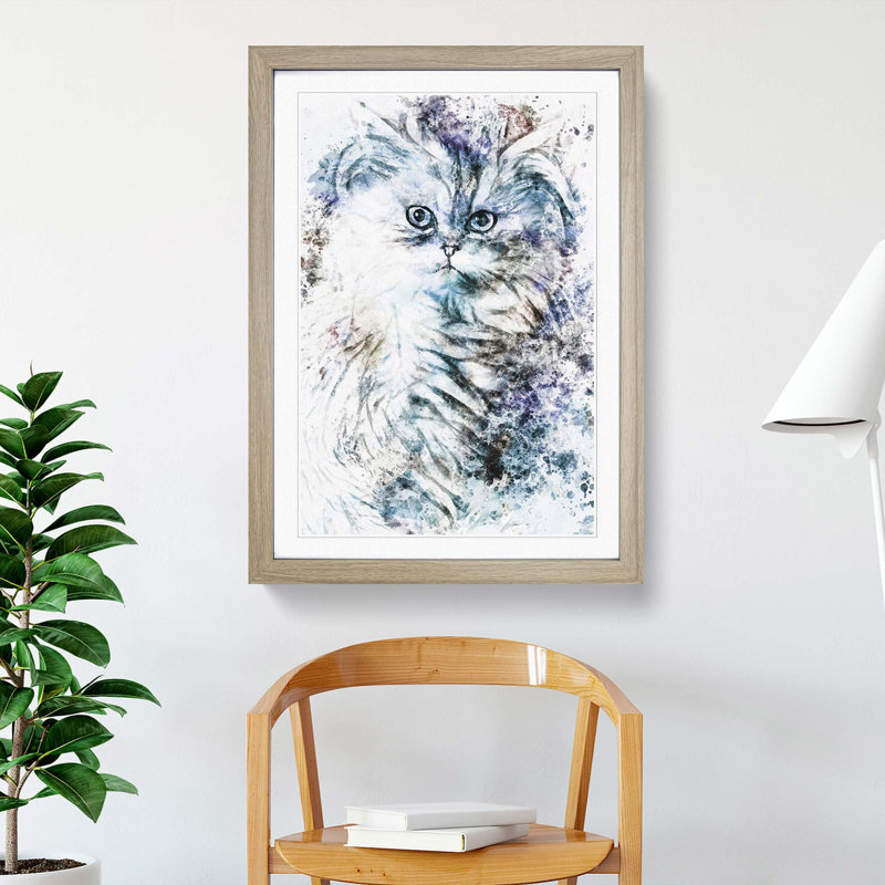 Persian Cat in Abstract - Picture Frame Painting Print, 87cm H x 62cm W x 2cm D, Oak Framed