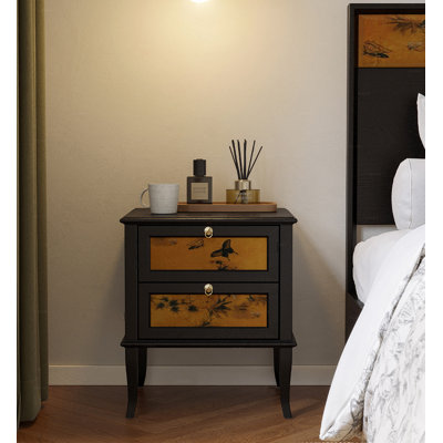 Table de chevet en bois massif de style moderne, équipée de tiroirs à fermeture douce, surface noire, convient à la chambre à coucher