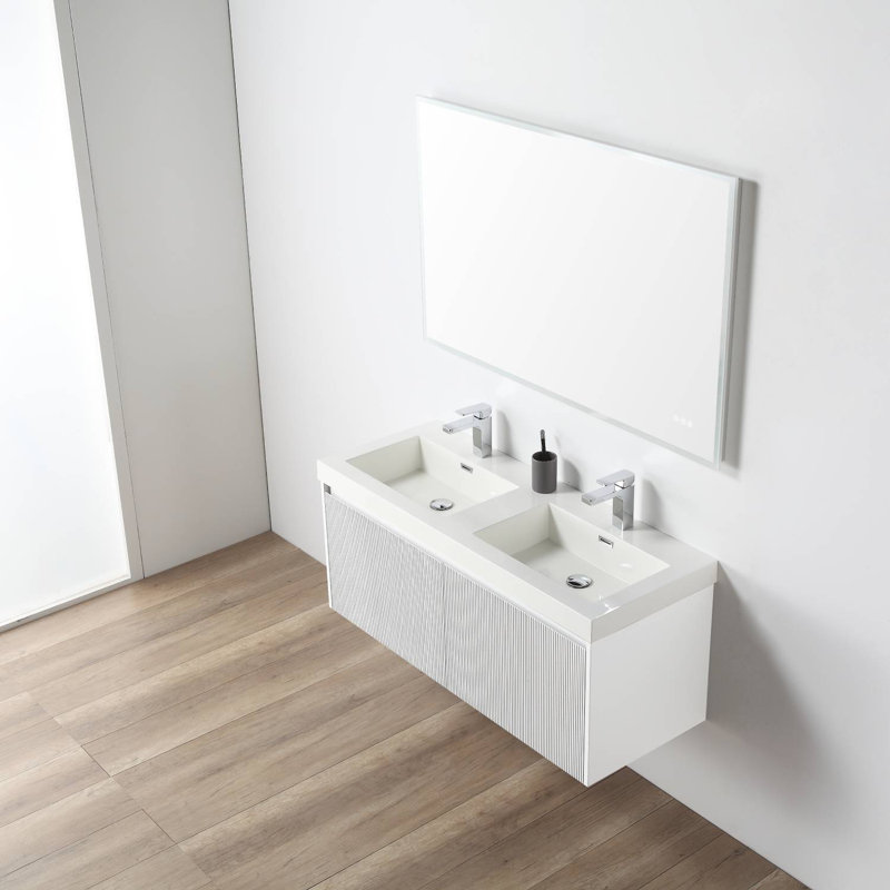 Annalisse 48 Inch Wall-Mounted Double Bathroom Vanity with Acrylic Sinks – Fluted Front, Soft-Close Drawers, Matte White