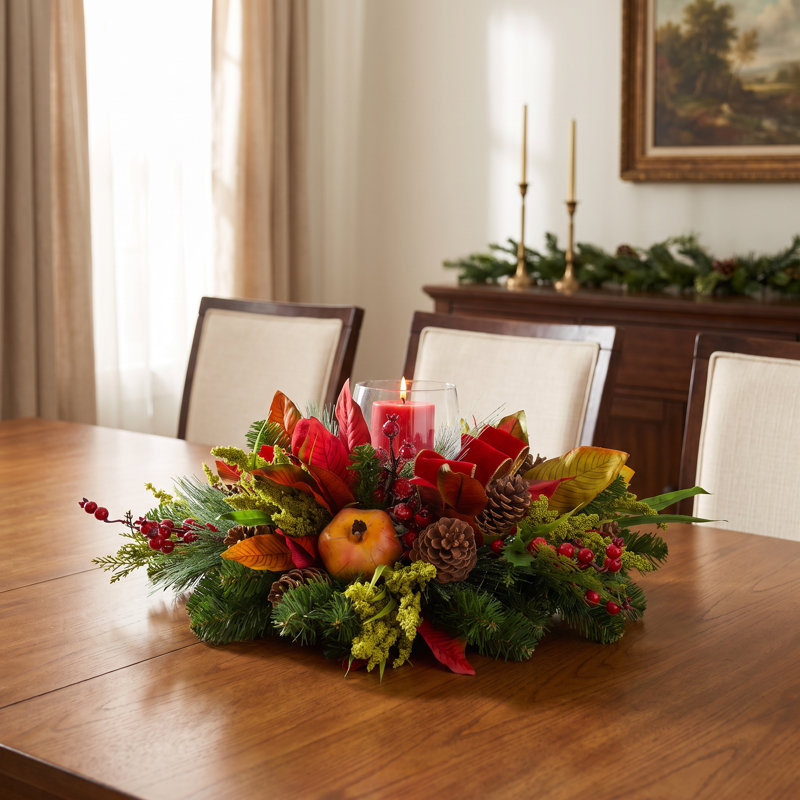 Holiday Candleholder Arrangement with Evergreens and Pinecones