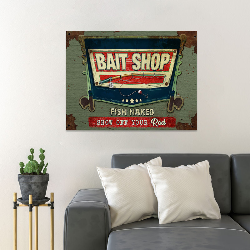 Fishing Rod - Bait Shop Fish Naked Show Off Your Rod - 1 Piece Rectangle Graphic Art Print On Wrapped Canvas