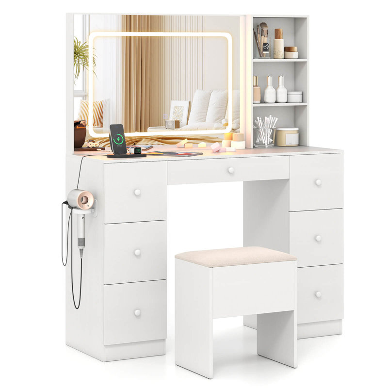 Vanity Desk with Mirror & Lights Makeup Table with Power Outlets & 7 Drawers