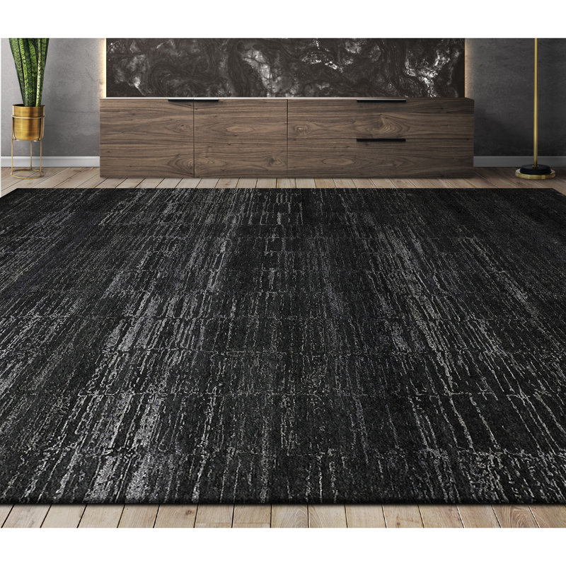 Tapis rectangulaire en laine / soie noué à la main gris anthracite, Rectangle 8 pi x 10 pi
