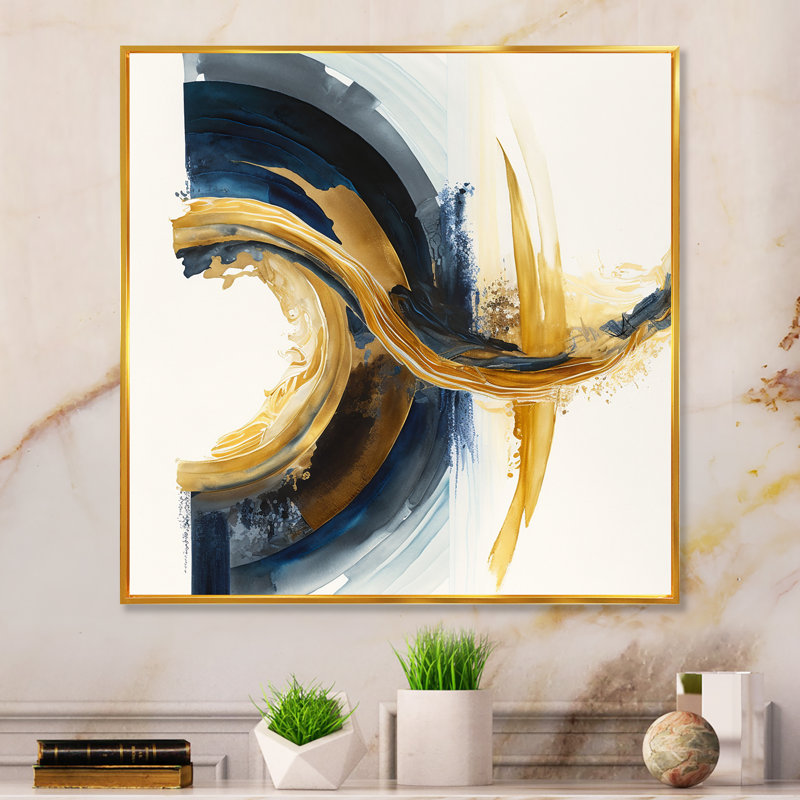 «Blue and Gold Swirl Abstract III», peinture sur toile, Cadre flottant doré, H 16 po x l 16 po x P 1 po