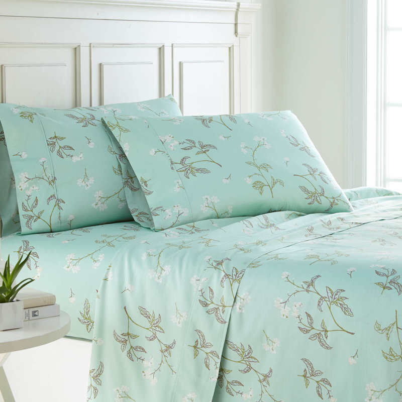 Southshore Fine Linens Myosotis Scorpioides 4-Piece 300 Thread Count Cotton Sateen Sheet Set, 22-Inch Extra Deep Pocket, King, Green
