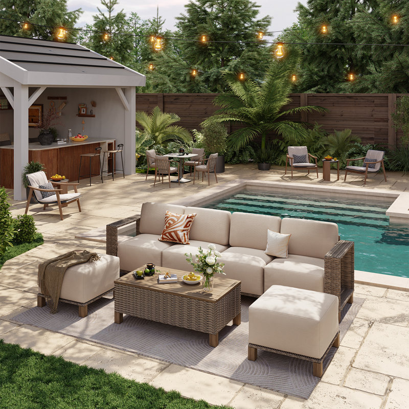 Canapé modulaire d'extérieur pour terrasse 7 pièces avec coussin de 10 po et osier amélioré, Beige
