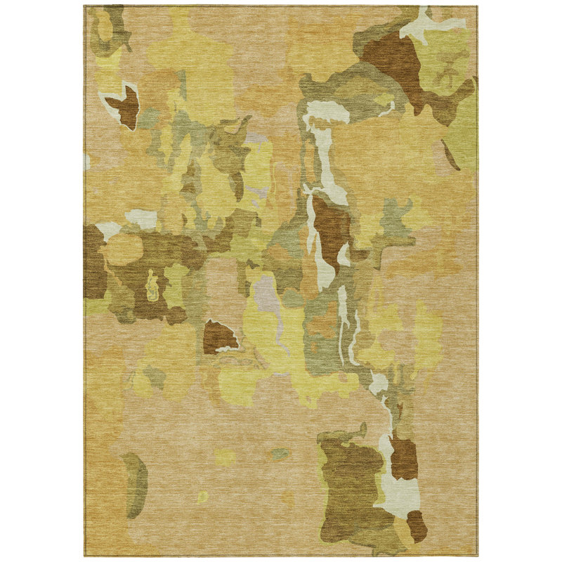 Gold Abstract Rectangular Washable Synthetic Area Rug 3' x 5'