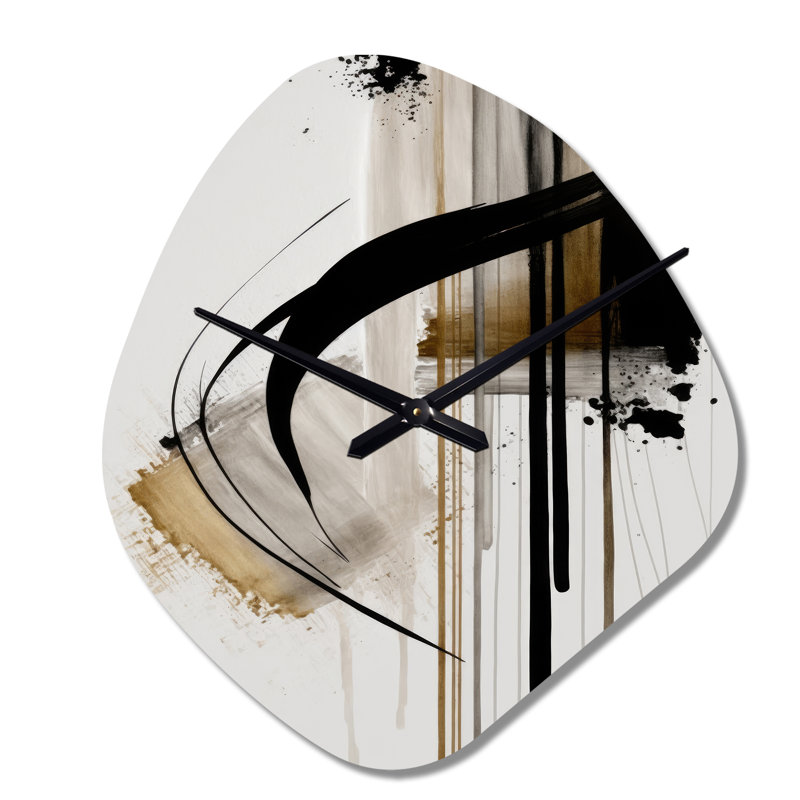 Noir, blanc et or Expression I - Horloge murale abstraite de forme unique en métal, impression d'horloge murale asymétrique moderne