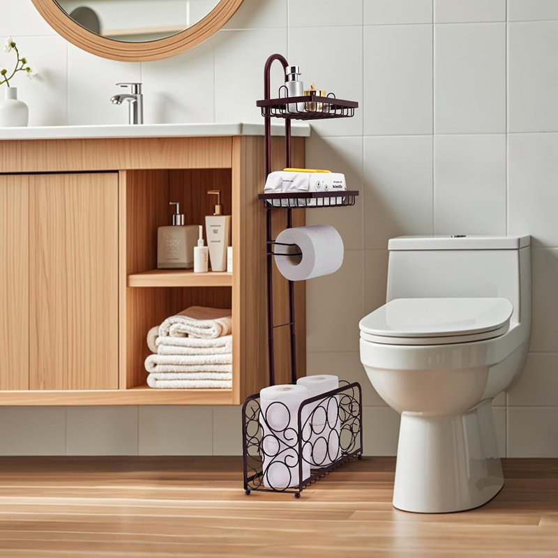 Porte-papier hygiénique sur pied en métal avec porte-papier hygiénique et panier de rangement