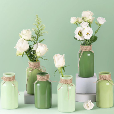 Vintage Glass Flower Vase Set of Six, Farmhouse Mason Jars for Centerpieces, Bulk Green Shades for Wedding, Party, Table Decor & Home Decor