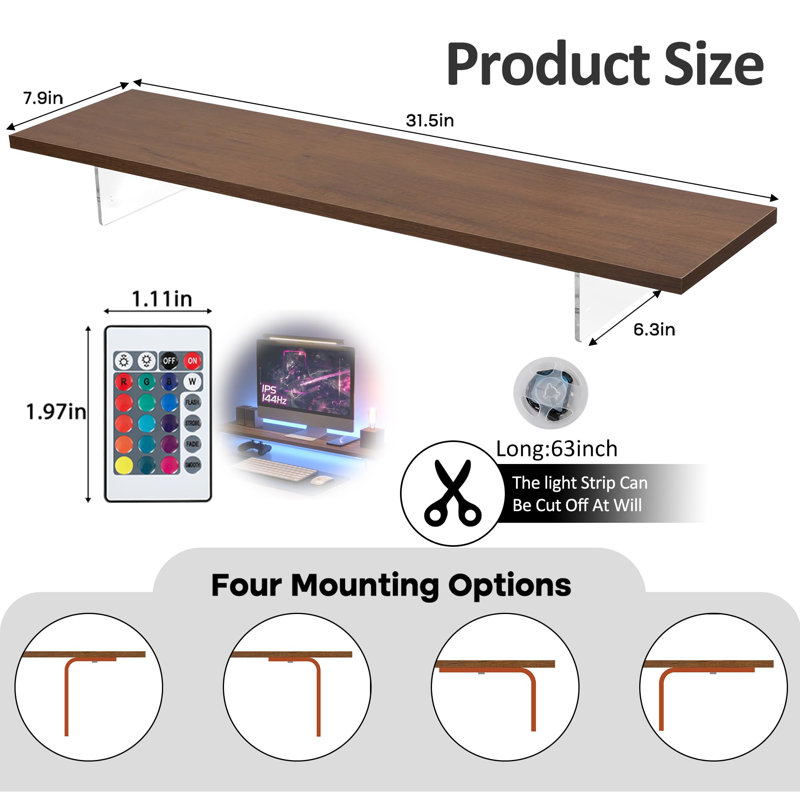 Monitor Stand Riser,Wood & Acrylic Computer Monitor Stand With LED Light,Desk Accessories Desktop Organizer Stand For Computer,Laptop,Printer,PC & TV Screen Riser
