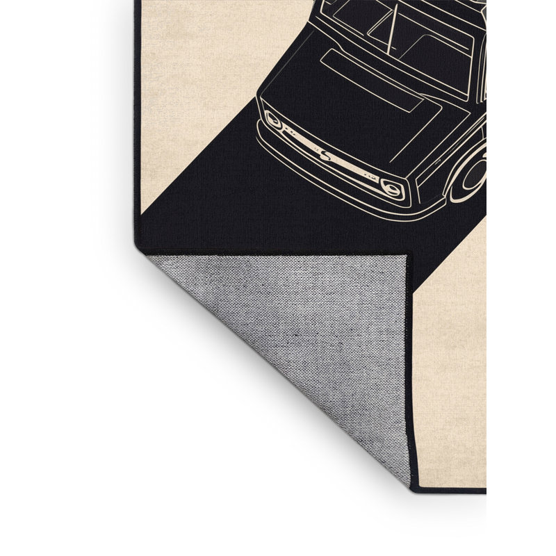 Machine Washable Vehicles And Transportation Delivery Van Modern & Contemporary Rug in Beige – Black Binding, 8x12
