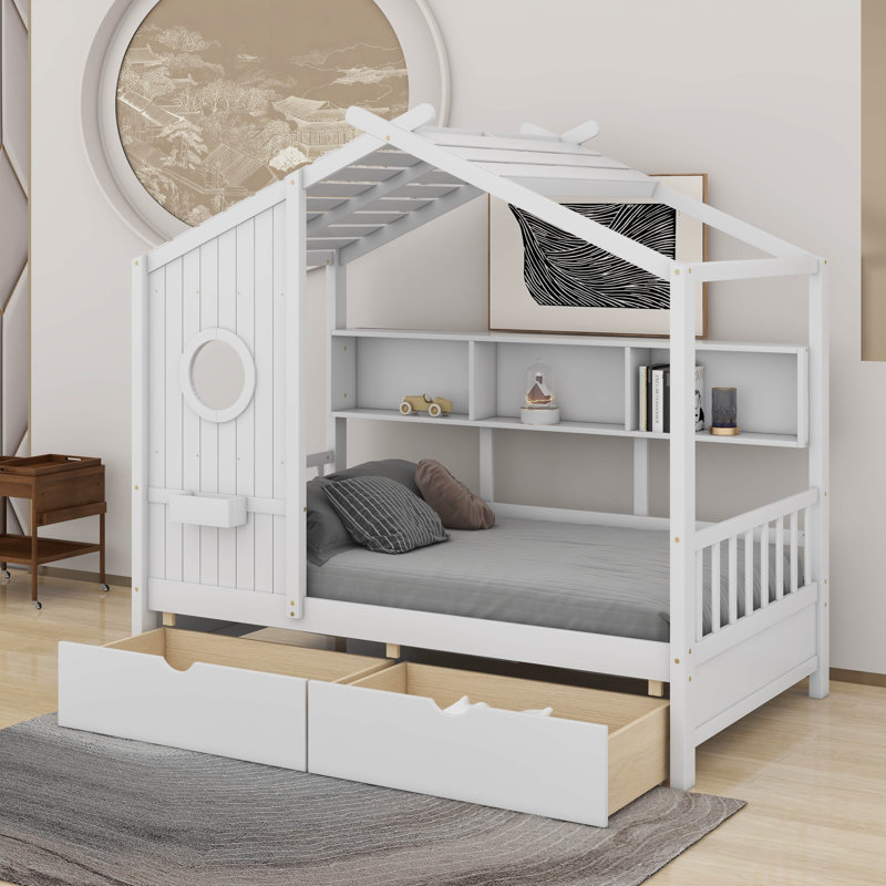 Lit en bois avec tiroirs, Lit simple, Blanc