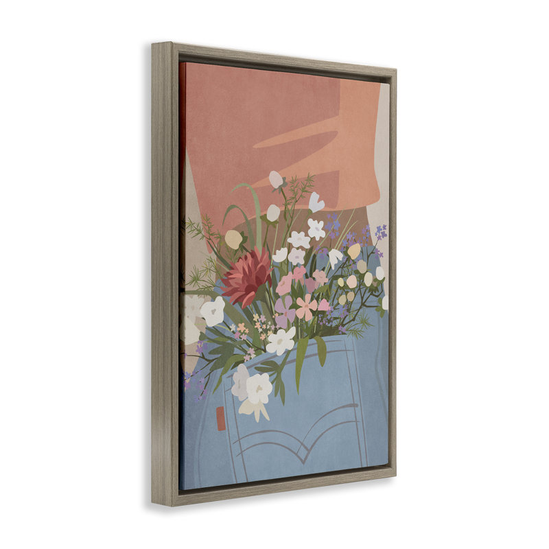 Fleurs dans une poche de jeans avec toile flottante encadrée par Nataly White, Cadre flottant orme Montalcino