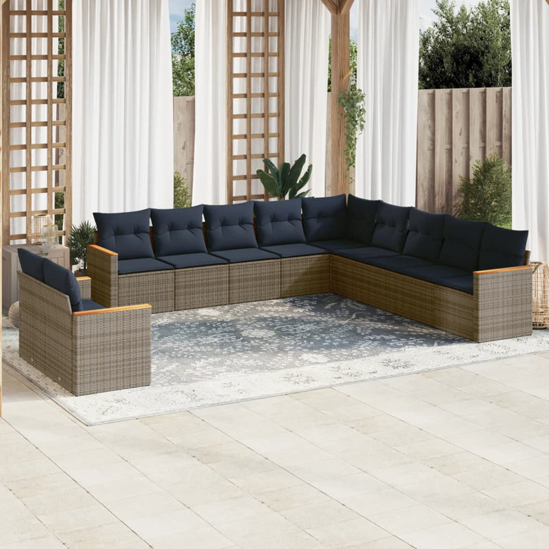 Latitude Run® 11 Piece Patio Sofa Set With Cushions Black Poly Rattan, Gray, Navy Blue