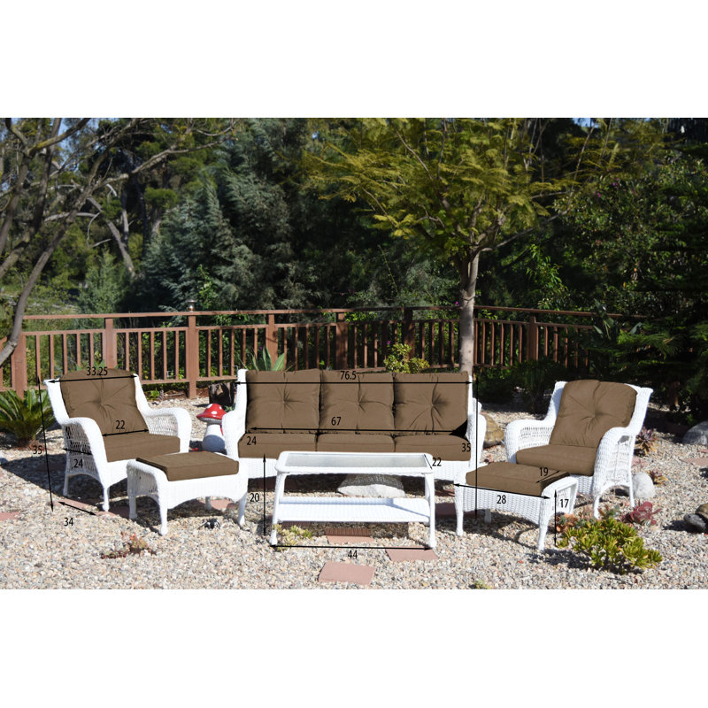 Ensemble de conversation avec canapé et coussins en rotin 6 pièces Herrin, Brun, Blanc