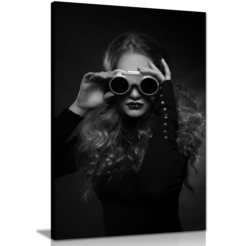 Black And White Woman In Vintage Steampunk Goggles Artistic - Wrapped Canvas Print, 46cm H x 31cm W