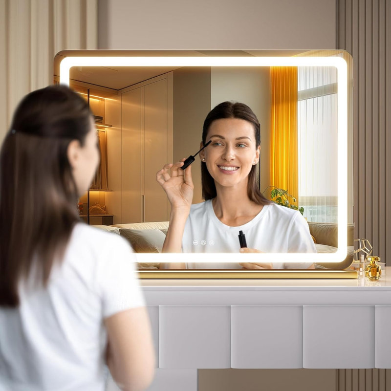 27.6" X 20" Round LED Lighted Makeup Vanity Mirror With Dimmable 3 Colour Modes, Touch Screen Control, Wall Mounted Or Tabletop, Gold Finish