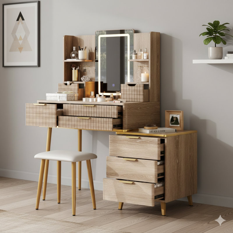 7-Drawer Vanity Desk With An LED Mirror And Carved Details. A Fluted Makeup Table With Metal Legs And A PU Stool. This Carved Dressing Table Includes Jewelry Storage For The Bedroom.