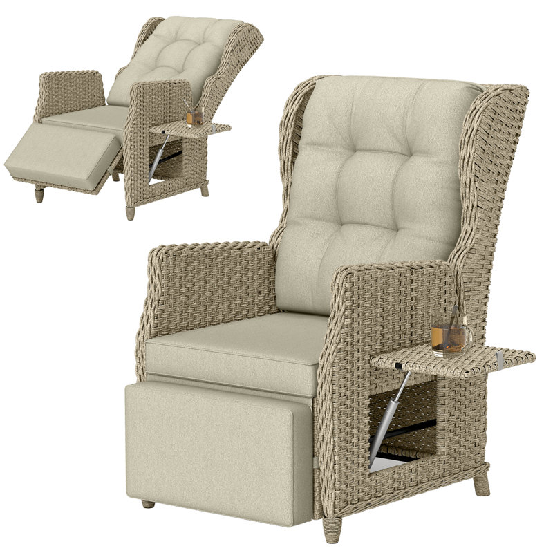 Outsunny Rattan Garden Recliner Chair with Flip Table, Cushion, Beige, Khaki
