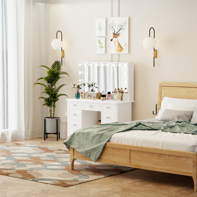 Wade Logan® Apiffany Modern 7 Drawers Vanity Table With Lights Mirror ...