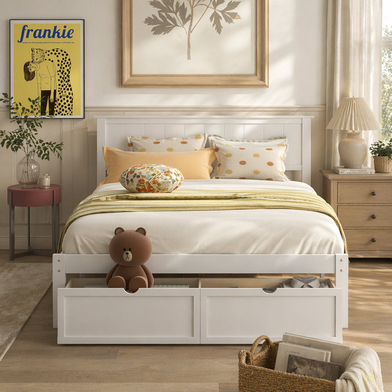 Platform Bed With Under-Bed Drawer, White, Full