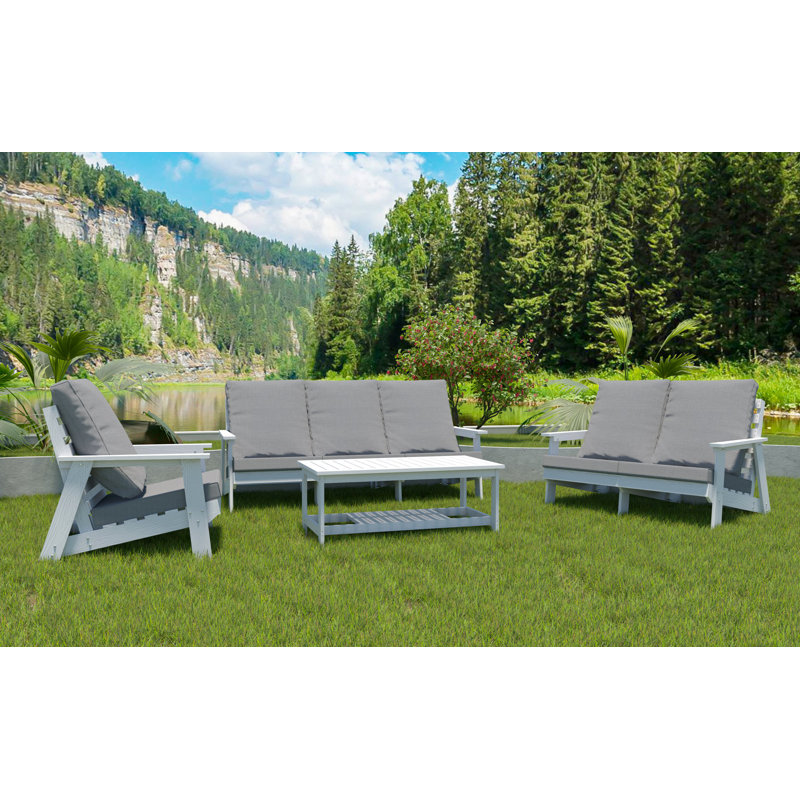 Canapé de jardin d'extérieur 3 places avec coussin, grain de bois, Coussin gris / Cadre blanc