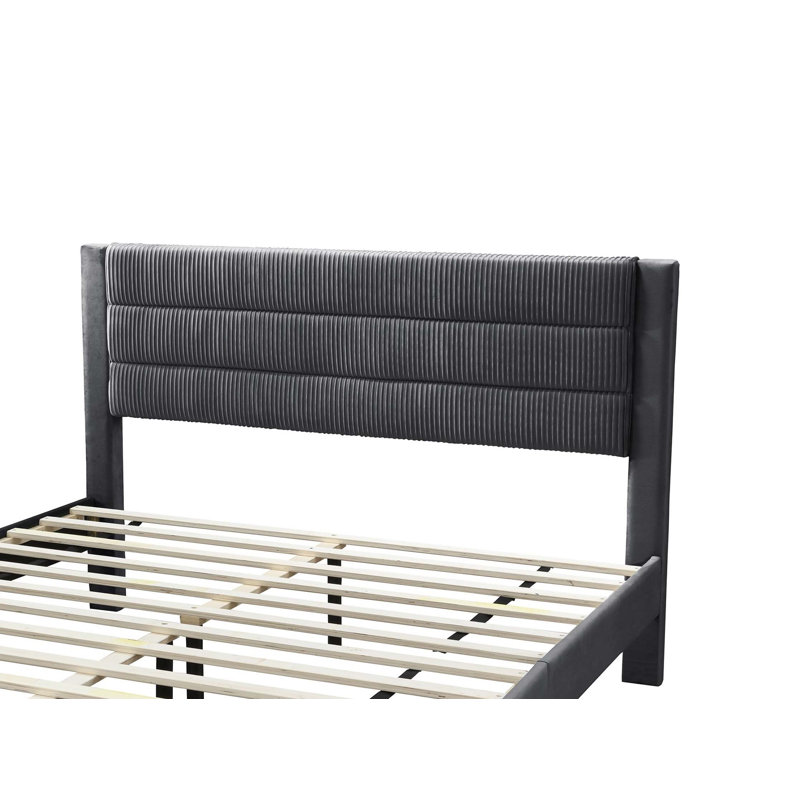 Lit de grand lit luxueux de style contemporain avec cadre de tête de lit en velours côtelé gris anthracite
