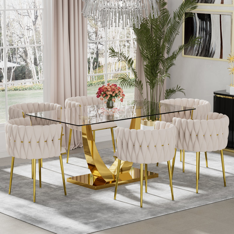 Ensemble de salle à manger rectangulaire à piédestal avec chaise tissée, H 29,5 po x L 63 po x l 35,4 po - or, Beige, Doré