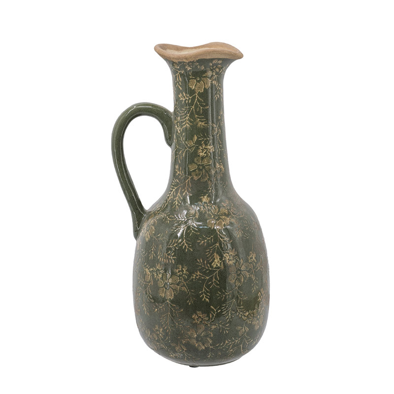 6X5X12" Ceramic Pitcher Vase With Olive Green Finish And Floral Motifs, 12.2" H x 5.9" W x 5.1" D
