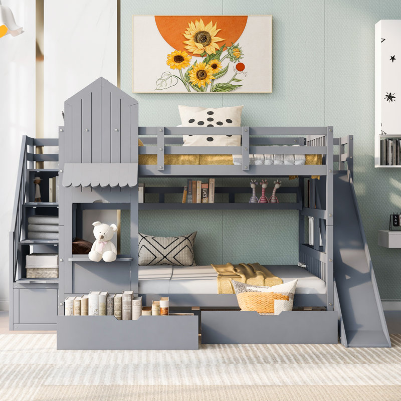 Lits simples superposés de style château, bois massif avec rangement et glissade