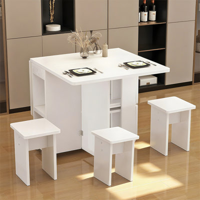 Folding Drop Leaf Dining Table Set For 4 With 4 Chairs, Space Saving Foldable Dining Table With Storage And 6 Wheels, 47.2 Inch D X 23.6 Inch W X 30.3 Inch H