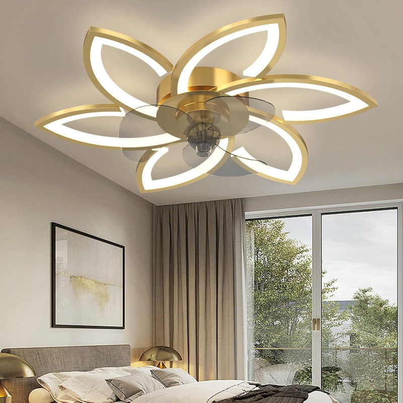 LED ceiling fan with lighting, creativity 6 -light, quiet dimmable ceiling light with remote control and app, Gold