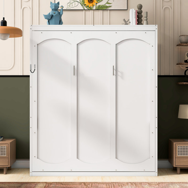 Grand lit escamotable mural avec tablettes, blanc, Blanc, Grand lit