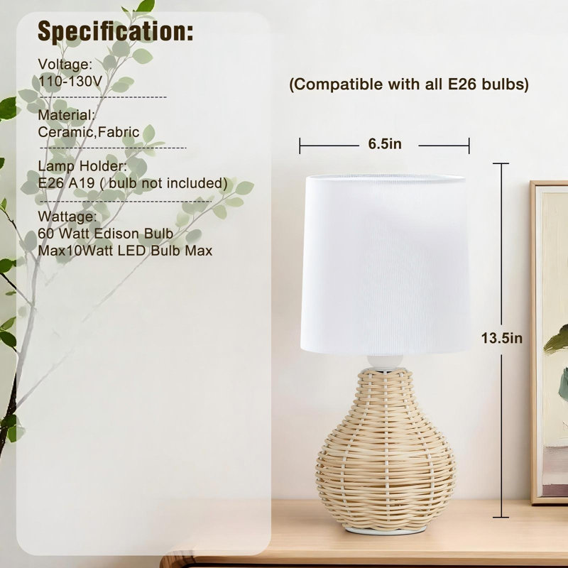 Petite lampe de table en rotin, lampes bohémiennes, petites lampes de table décoratives rustiques en osier (crème / ensemble de 2)