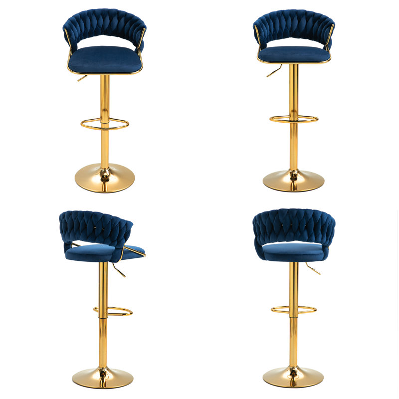Christal Height Adjustable Swivel Bar Stool, Navy Blue, Gold